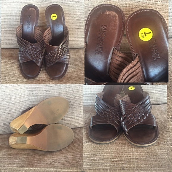 Michael Kors MK Sold Leather Wood Wedge Sandal 7 - Picture 3 of 4